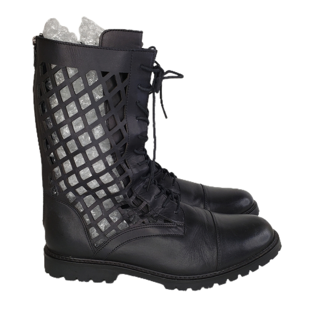 Vintage Foundry Co Black Leather Fishnet Biker Grunge Mid Calf Zip Boots Sz 9.5M